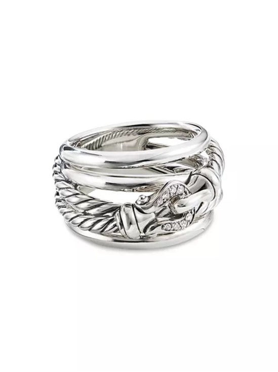 David Yurman Crossover Buckle Ring in Sterling Silver with Pavé Diamonds - Picture 7 of 8